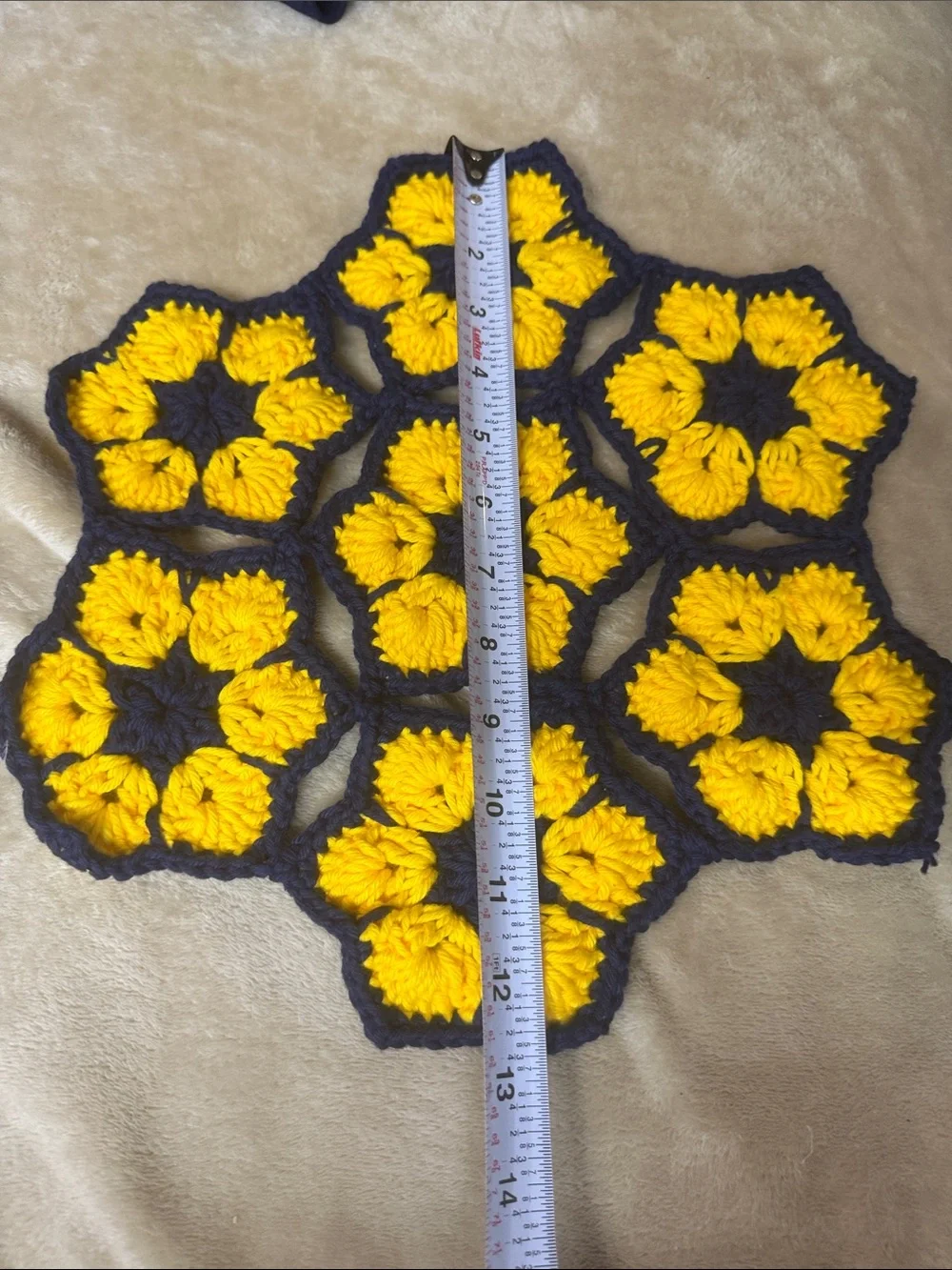 Handmade Crochet Flower Coasters - Yellow and Navy 13” (1)
